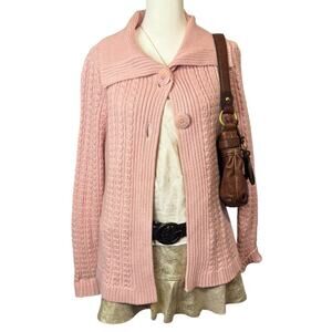 Liz Claiborne Petite Large Pink Cable Knit Cardigan Cotton Blend